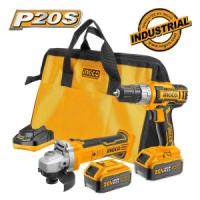 INGCO 20V LI-ION ANGLE GRINDER AND DRILL SET WITH 2 4AH BATTERIES 1 CHARGER AND TOOLBAG
