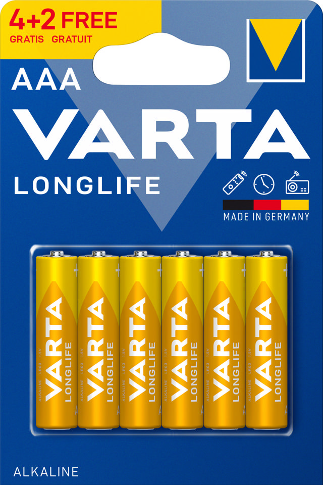 VARTA LONGLIFE ALKALINE BATTERIES AAA, MICRO, LR03, 1,5V, 6-PACK