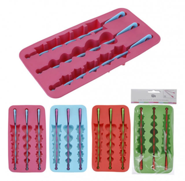 ICE CUBE TRAY WITH 3 STIRRING STICKS - DIFFERENT COLORS 27.5x13.5x7.5CM