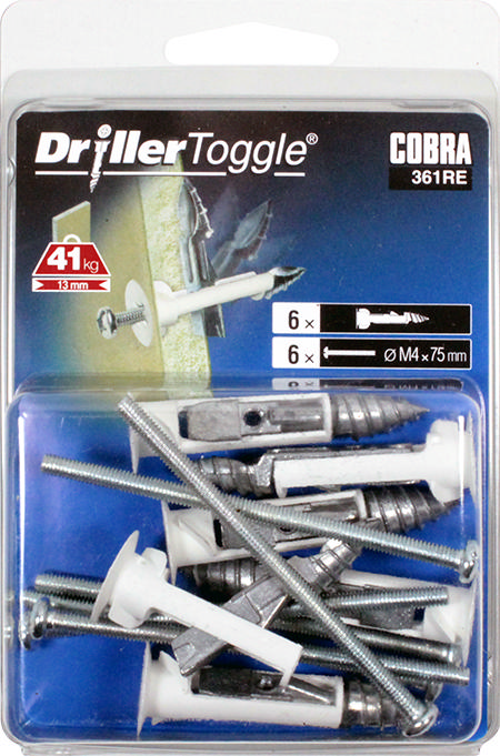 COBRA 361RE DRILLERTOGGLE 4MM X 75MM (+BOLTS) 6PCS