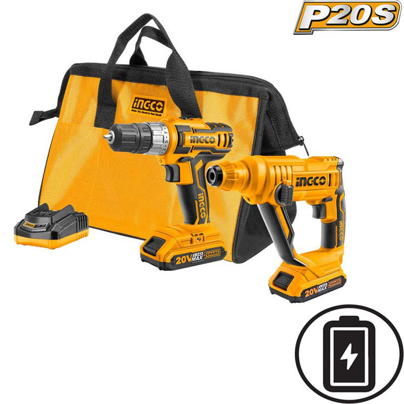 INGCO CKLI2008 20V LI-ION DRILL AND ROTARY HAMMER SET WITH 2 2AH BATTERIES 1 CHARGER AND TOOLBAG 