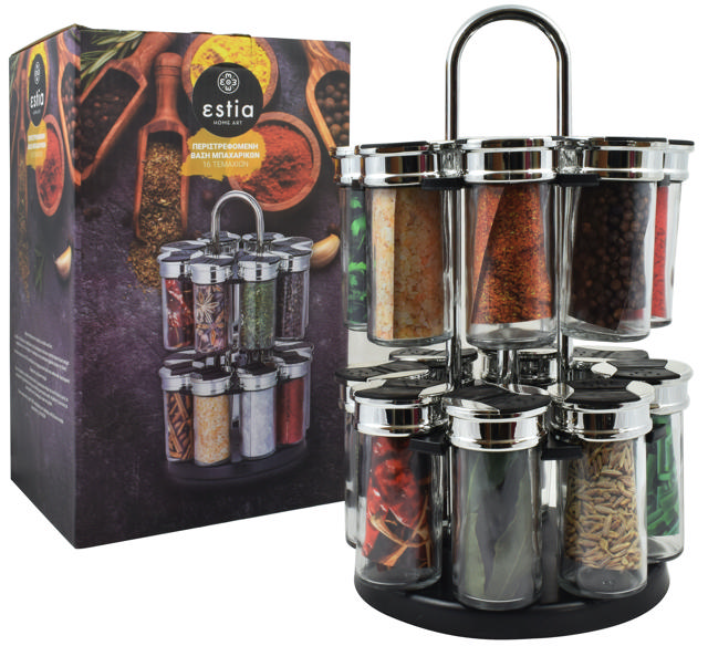 ESTIA SPICE GLASS CONTAINERS ON SWIVEL BASE 16PCS