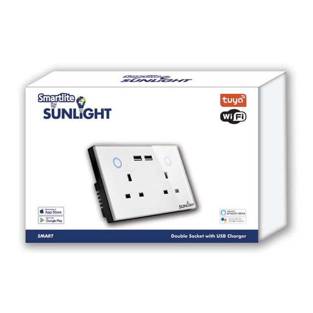 SUNLIGHT ΕΞΥΠΝΗ ΔΙΠΛΗ ΠΡΙΖΑ 2-GANG ΜΕ ΦΟΡΤΙΣΤΗ USB 13AMP (4A USB) WIFI TUYA APP