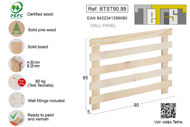 ASTIGARRAGA SOLID PINE WOOD WALL PANEL TETRIS 90CM X 65CM X 5CM