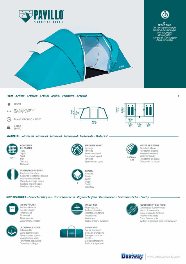 BESTWAY 68093 FAMILY 4 PERSONS TENT 460X230X185CM