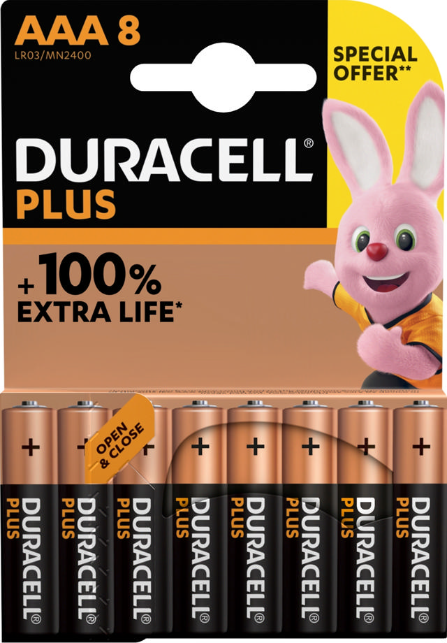 DURACELL PLUS 100% EXTRA LIFE ALKALINE POWER AAA PACK OF 8