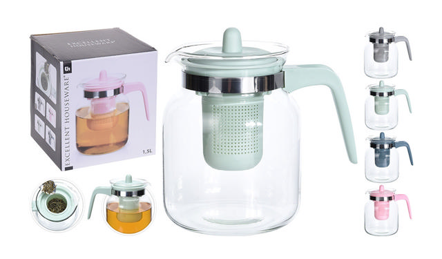 TEAPOT GLASS 1500ML 4 ASSORTED COLORS