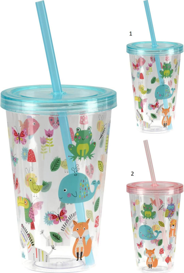 DRINKING MUG WITH STRAW 450ML 2 ASSORTED DESIGNS