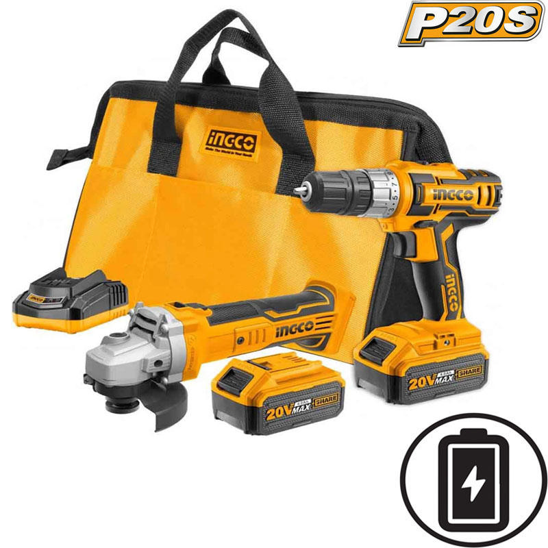 INGCO 20V LI-ION ANGLE GRINDER AND DRILL SET WITH 2 4AH BATTERIES 1 CHARGER AND TOOLBAG