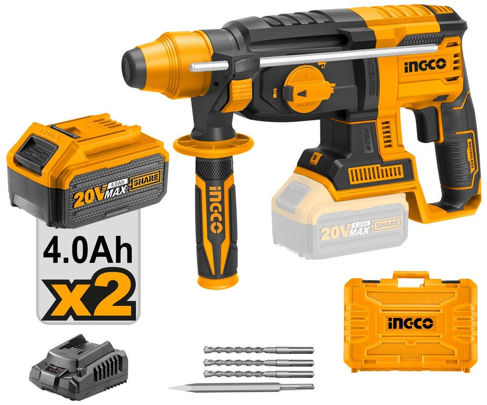 INGCO CRHLI202287 20V LI-ION BRUSHLESS ROTARY HAMMER 2.5J WITH 2 4AH BATTERIES 1 CHARGER AND TOOLKIT 