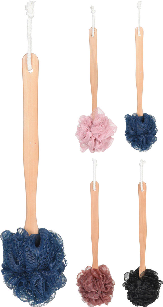 BATH SPONGE WOODEN HANDLE 4 ASSORTED COLORS