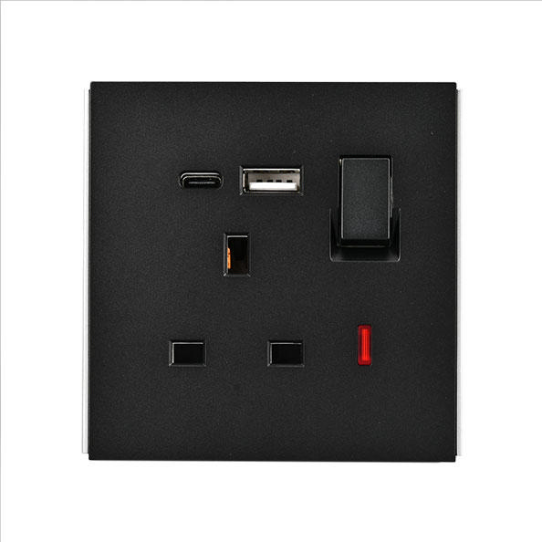 POWERLINK ACCESSORIES 13A DP BS 1-GANG SOCKET WITH NEON + USB A + TYPE C 5V 2100mA BLACK MATTE