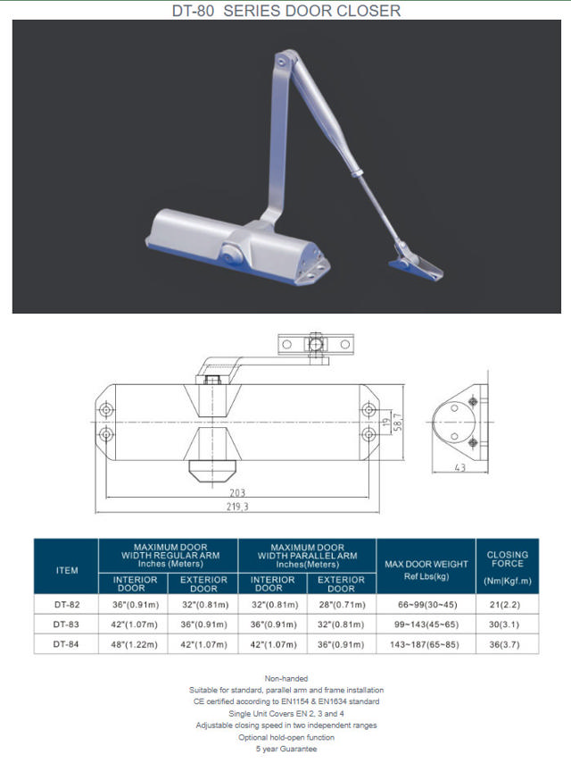 DOOR CLOSER DT-83 EN3 FIRE SILVER