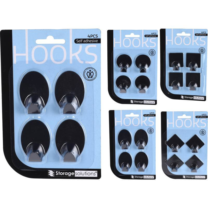 SELF ADHESIVE HOOKS 4PCS BLACK - ASSORTED DESIGNS