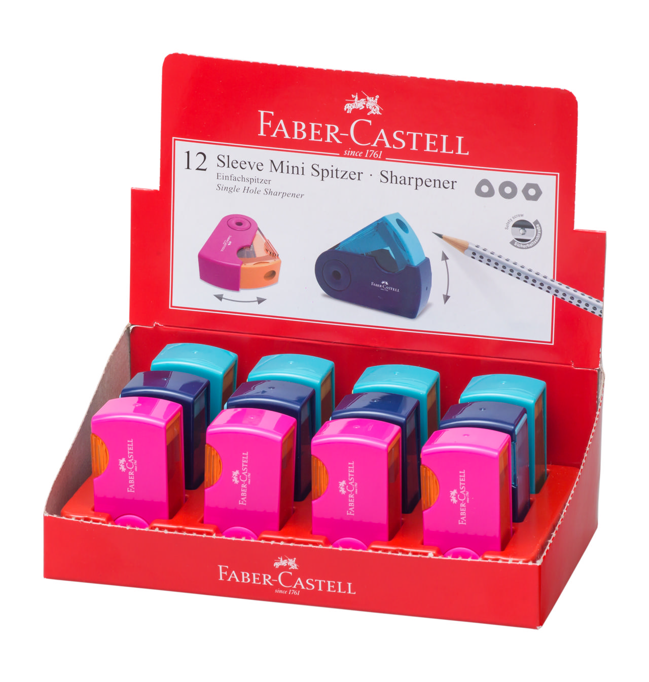 FABER CASTELL 182712 SINGLE SHARPENER BOX-SLEEVE PASTEL COLOURS 12PCS