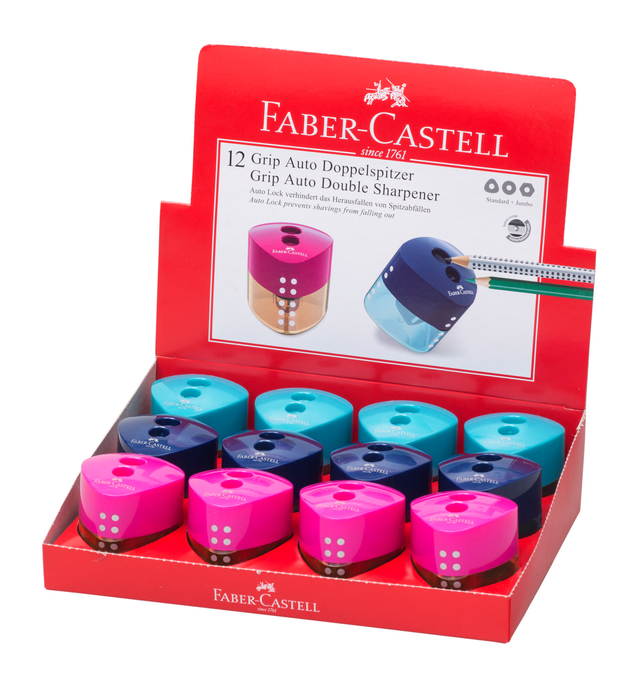 FABER CASTELL 183102 GRIP AUTO DOUBLE-HOLE SHARPENER ASSORTED COLOURS