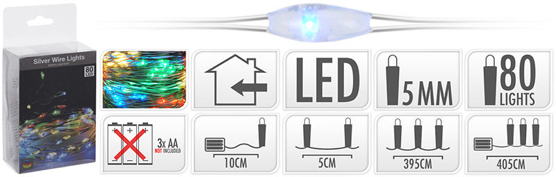 XMAS SILVERWIRE 80 LED MULTICOLOR BATTERY OPERATED