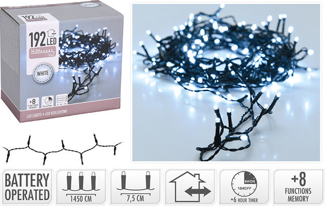 XMAS LED LIGHTS 192 BATTERY OPERATED WHITE IP44