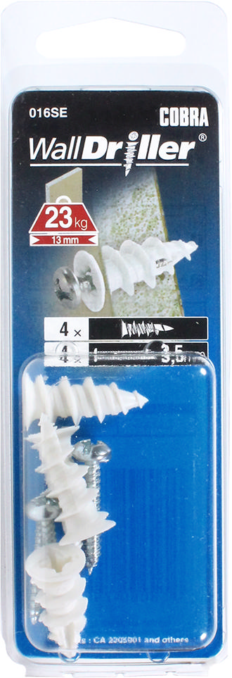 COBRA 016SE WALLDRILLER NYLON 3.5MM WHITE #6S (+ SCREWS) 4PCS