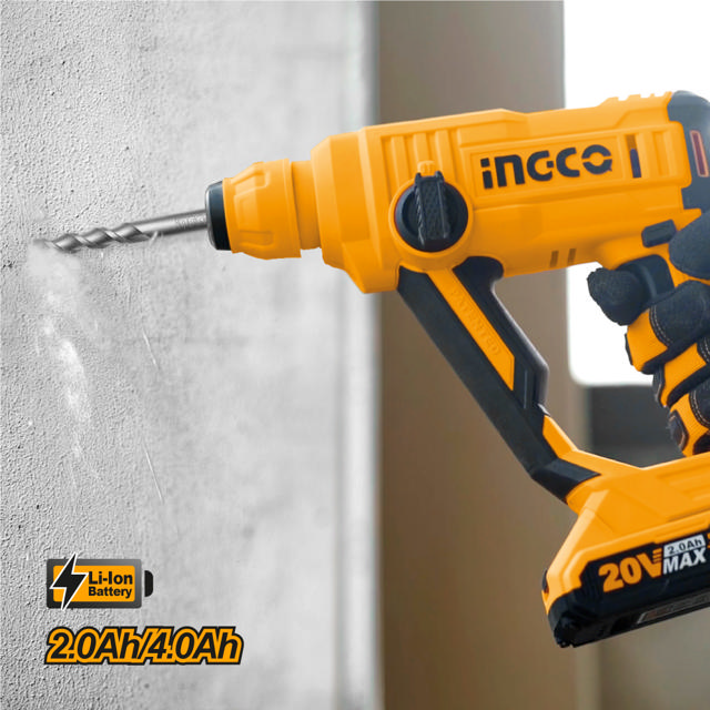 INGCO CKLI2008 20V LI-ION DRILL AND ROTARY HAMMER SET WITH 2 2AH BATTERIES 1 CHARGER AND TOOLBAG 