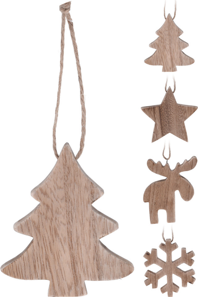 XMAS HANG DECO 10CM WOOD 4 ASSORTED DESIGNS