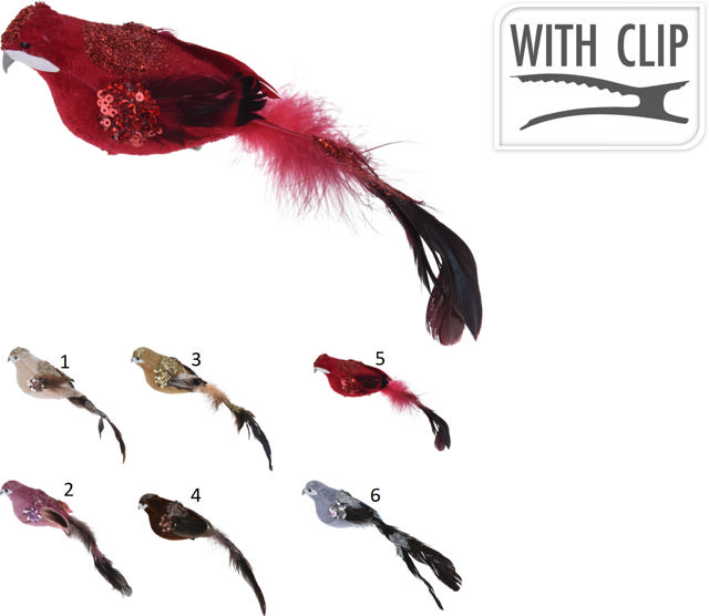 BIRD ON CLIP 22X5X4CN 6 ASSORTED COLORS