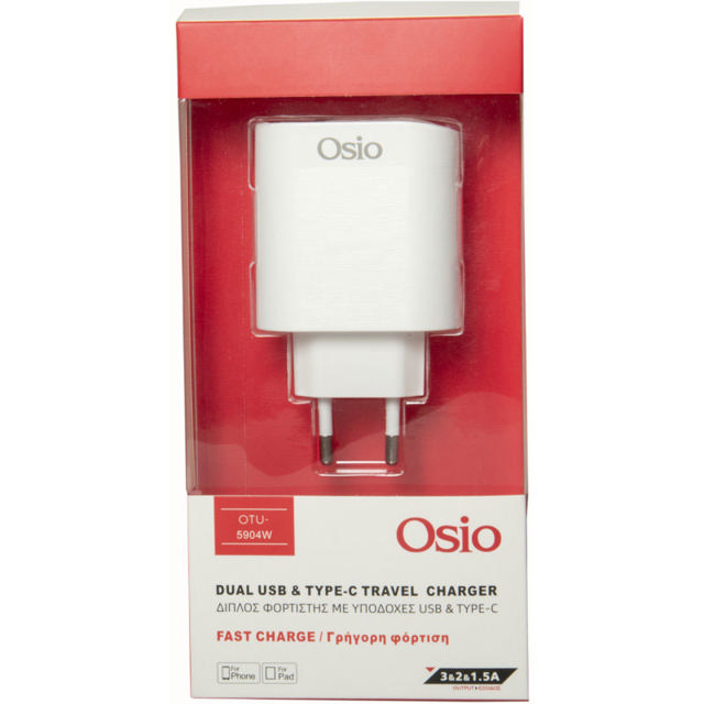 OSIO OTU-5904W ΔΙΠΛΟΣ ΦΟΡΤΙΣΤΗΣ ΚΙΝΗΤΟΥ ΜΕ USB TYPE-C ΚΑΙ USB TYPE-A - 18W