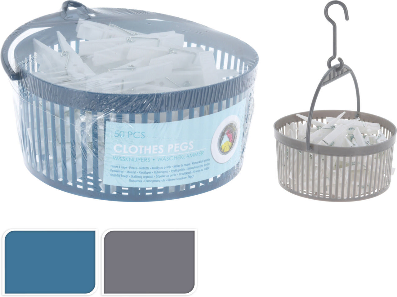 CLOTHES PEG BASKET & 50 PEGS 2 ASSORTED COLORS