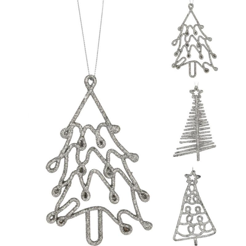 CHRISTMAS TREE HANGING DECORATION 14CM SILVER - ASSORTED DESIGNS