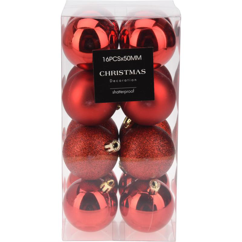 CHRISTMAS BALL HANGING DECORATION 5CM 16PCS - RED