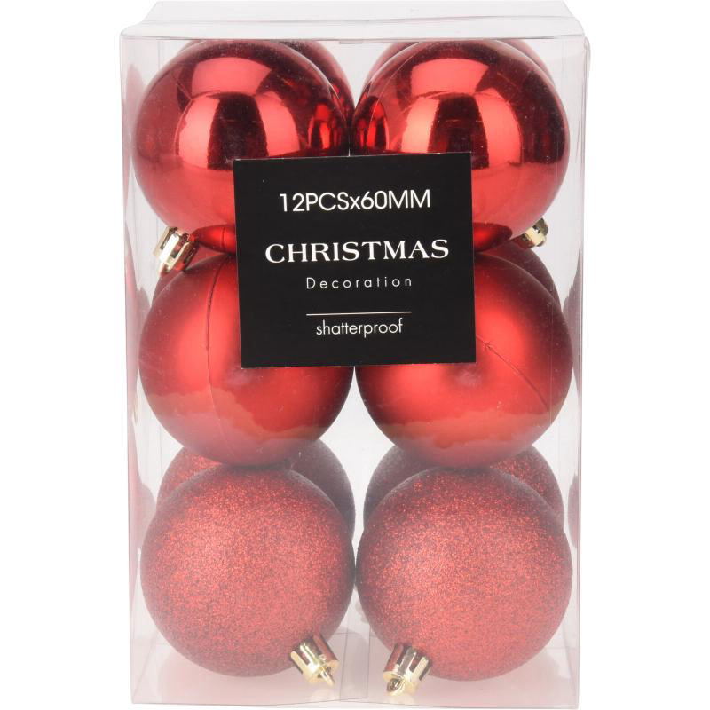 CHRISTMAS BALL HANGING DECORATION 6CM 12PCS - RED