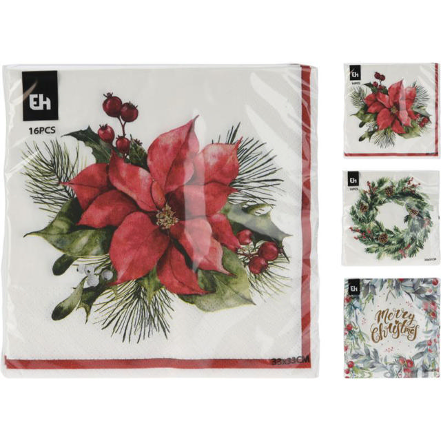 CHRISTMAS NAPKINS 33X33CM 16PCS - ASSORTED DESIGNS