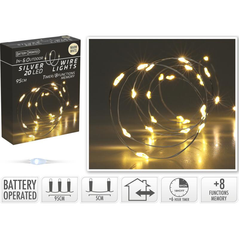 SILVER WIRE 20 LED LIGHTS 95CM - WARM WHITE