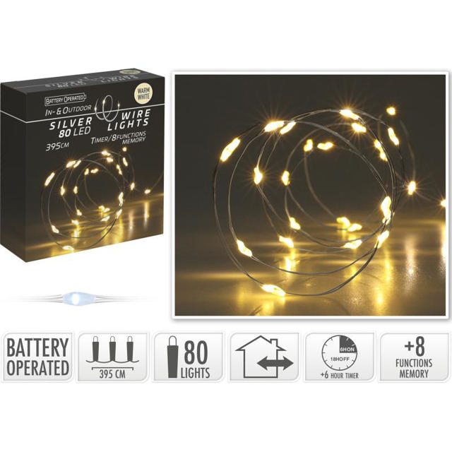 SILVER WIRE 80 LED LIGHTS 395CM - WARM WHITE