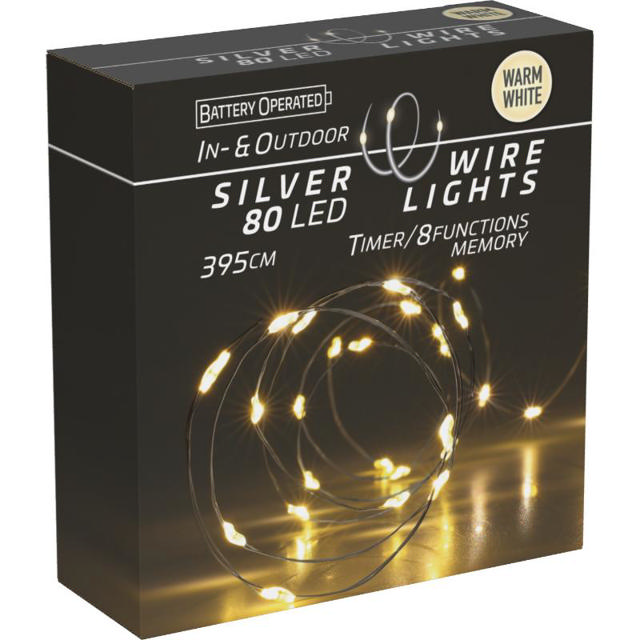 SILVER WIRE 80 LED LIGHTS 395CM - WARM WHITE