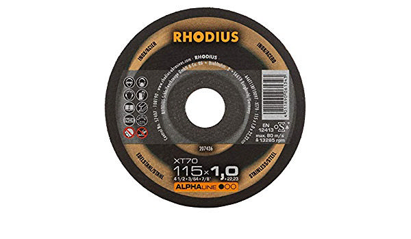 Disco De Corte Extrafino Rhodius XT70 - 115x1.0x22.23 Mm, Para Acero Inoxidable Y Acero, Bajo Chispa