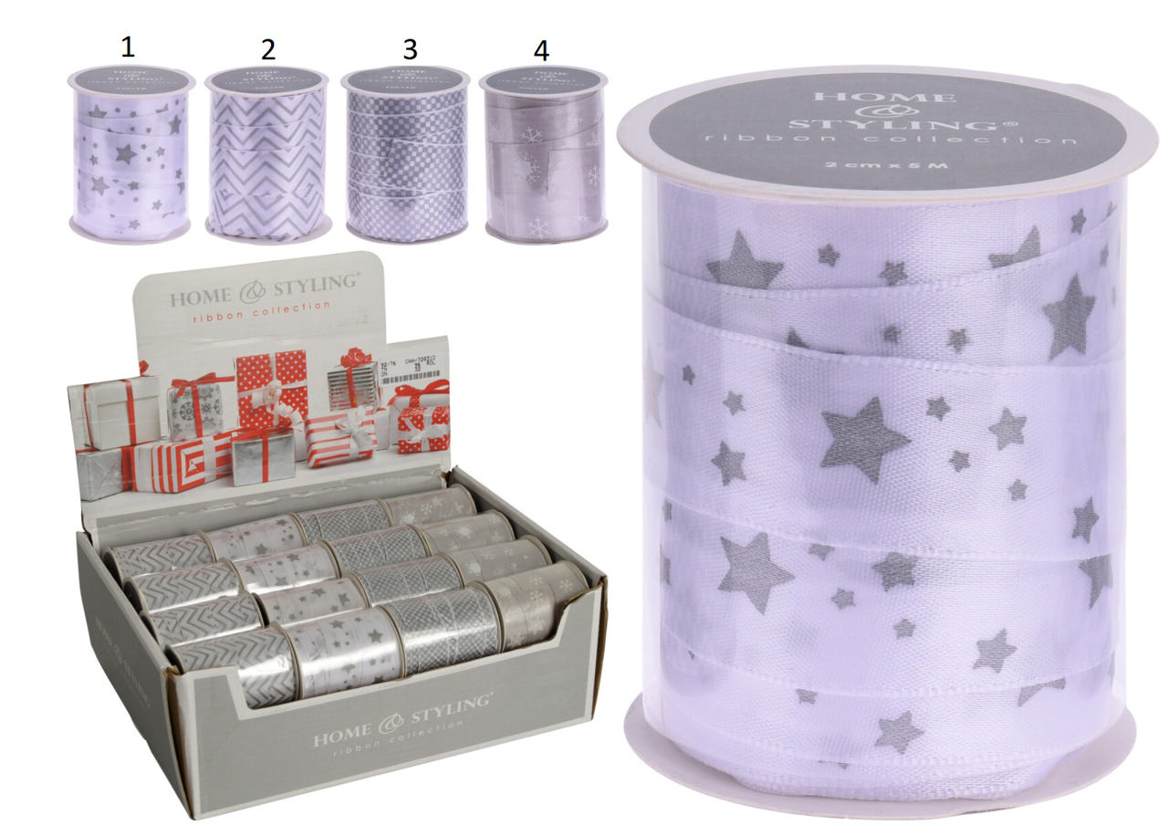 RIBBON XMAS 2CMX5M SILVER 4 ASSORTED DESIGNS