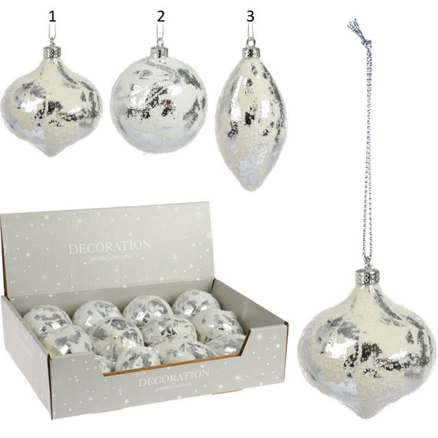 XMAS BALL 80MM SILVER SNOW 3 ASSORTED DESIGNS