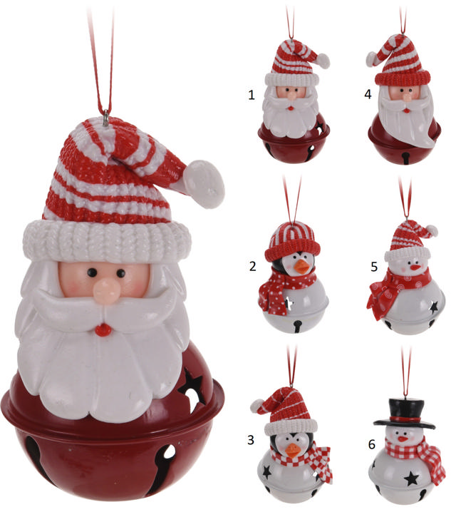 HANGING DECORATION BELL WITH XMAS FIGURE 8CM 6 ASSORTED DESIGNS