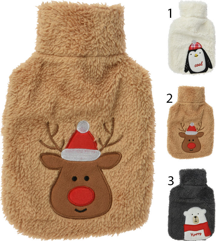 CHRISTMAS HOT WATER BOTTLE 85ML 25X18CM - ASSORTED DESIGNS