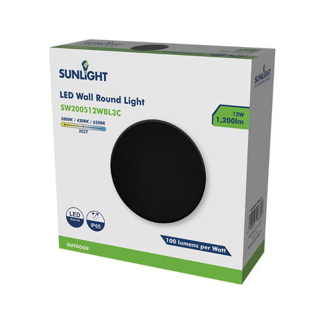 SUNLIGHT LED 12W WALL ROUND LIGHT BLACK 1200LM 3CCT IP65 Ø180xW47MM