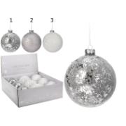 XMAS BALL 100MM SILVER WHITE 3 ASSORTED DESIGNS