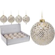 XMAS BALL GLASS 8CM WHITE GOLD 4 DIFFERENT DESIGNS