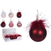 XMAS BALL WITH FEATHERS 80MM 6 ASSORTED DESIGNS