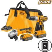 INGCO CKLI2009 DRILL & ANGLE GRINDER SET 20V WITH 2 BATTERIES 4AH AND CASE