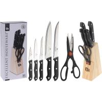 WOODEN BASE WITH 5 KNIVES + 1 KITCHEN SCISSORS