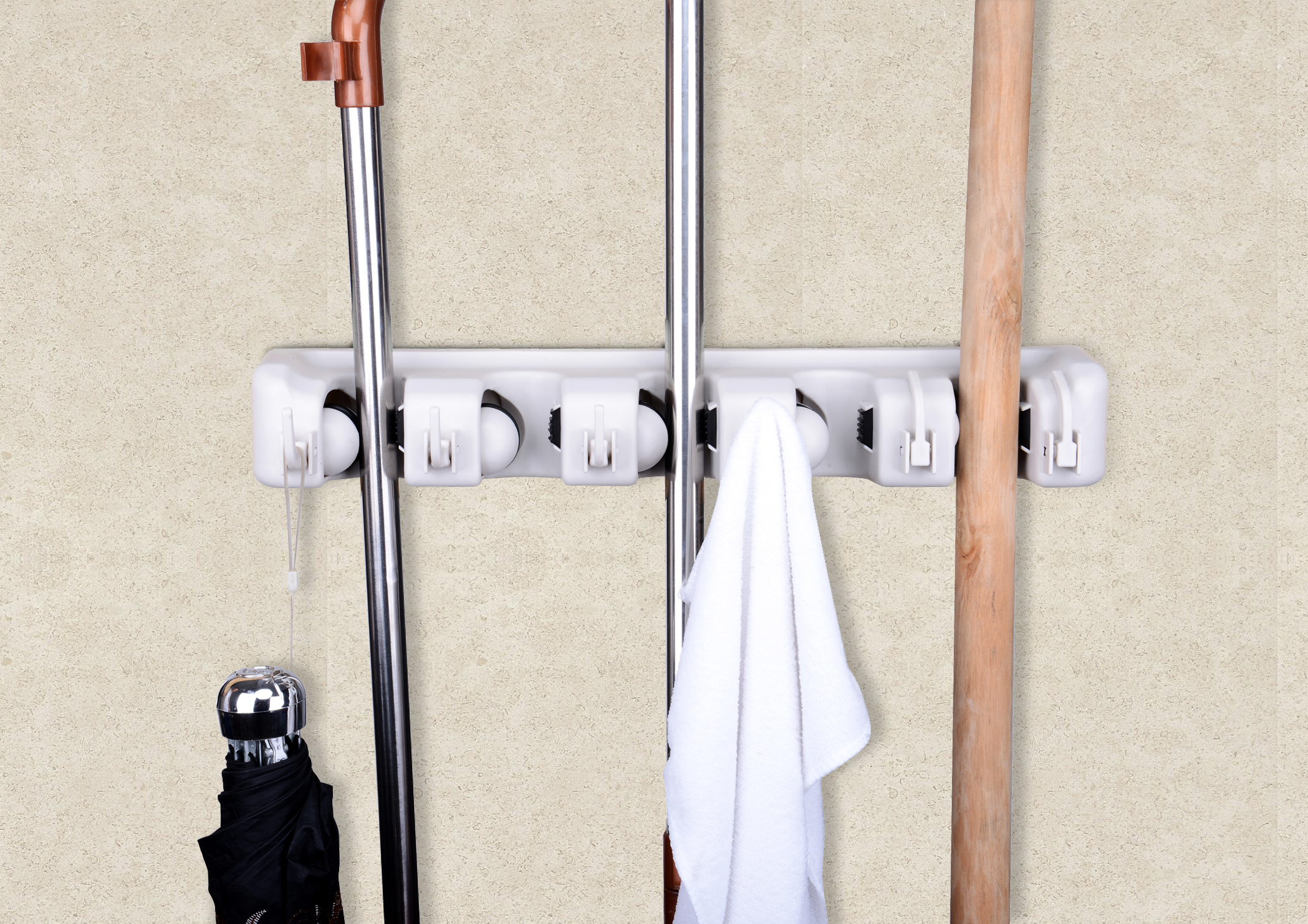 BROOM WALL HANGER WITH 6 HOOKS