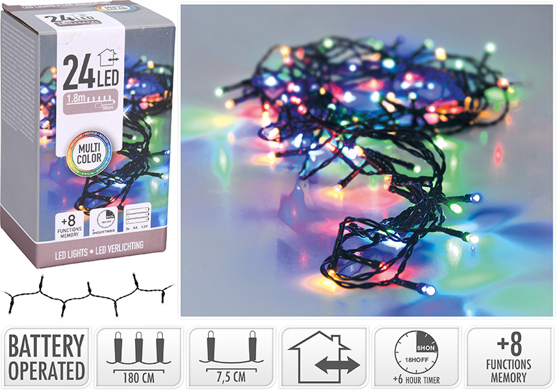 XMAS LED LIGHTS 24 BATTERY OPERATED IP44 MULTICOLOR