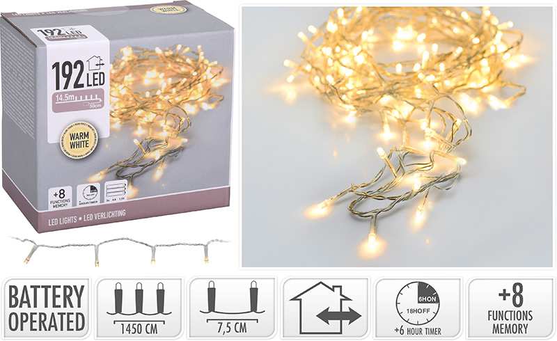 XMAS LED LIGHTS 192 BATTERY OPERATED WARM WHITE TRANSPARENT