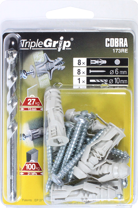 COBRA 173RE TRIPLE-GRIP 6MM GREY (+ SCREWS + DRILL BIT) 8PCS